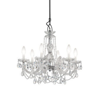 Crystal chandelier, polished chrome finish, multi-tiered design with clear crystal droplets and six candle-style lights.