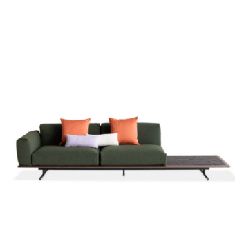 Distinguished Potocco Graphic sofa with solid ash wood structure upholstered in dark green textile and orange, white, lavender pillows