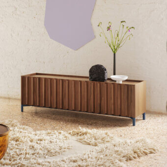 Distinguished Miniforms Container sideboard with vertically ribbed panels in medium-toned brown wood and blue lacquered legs