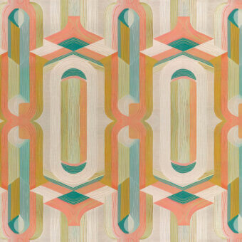 Refined Wall&Decò Ananke wallpaper presents geometric rhythms in teal, ochre, coral, and cream with a luxurious fabric-effect d.TW finish