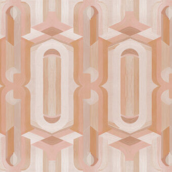 Distinguished Wall&Decò Ananke wallpaper presents intertwining geometric forms in muted terracotta and peach tones with a smooth matte finish