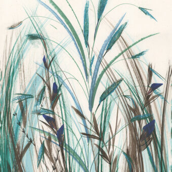 Superior Wall&Decò Arundo wallpaper showcases slender reeds in calming teal and blue-green hues with a painterly, waterproof base