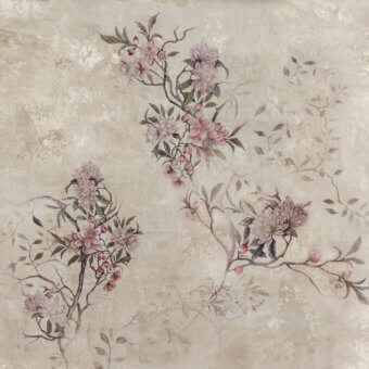 Elegant Wall&Decò Dalida wallpaper with beige floral botanical pattern and pale pink muted green accents in a subtly distressed matte finish