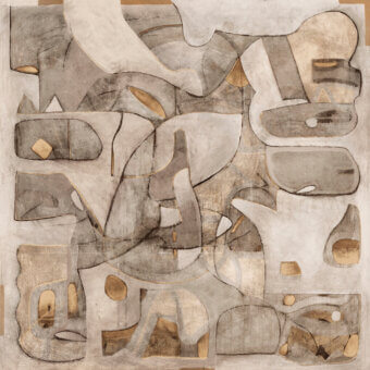 Exclusive Wall&Decò Dustpath wallpaper with abstract organic and geometric forms in off-white, gray, and beige with subtle gold accents and a d.TW finish