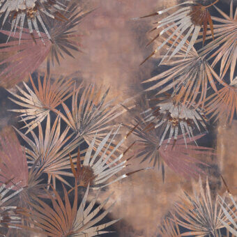 Superior Wall&Decò Evoking wallpaper with stylized rose gold, copper and charcoal gray palm leaves on organic bio-vinyl with d.TW texture finish