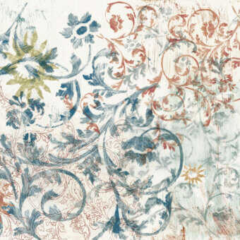 Distinguished Wall&Decò Heritage wallpaper with swirling vines and floral motifs in muted blues, terracotta, ochre, printed on d.ecodura™ bio-vinyl with d.TW finish