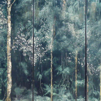 Distinguished Wall&Decò J’Aime Beaucoup wallpaper with forest landscape in deep teal and cream colored organic bio-vinyl with d.SW finish