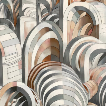 Architectural Wall&Decò Kalah wallpaper presents overlapping arches in muted beige, brown, and gray tones with a d.SW d.ecodura™ Sand finish