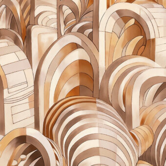 Captivating Wall&Decò Kalah wallpaper creates a three-dimensional illusion with overlapping arches in beige and brown organic bio-vinyl with d.TW finish