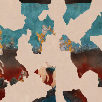 Elegant Wall&Decò Overlap wallpaper with abstract overlapping fragments in terracotta, teal and brown on organic bio-vinyl with d.TW finish