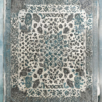 Distinguished Wall&Decò Perseo Outdoor wallpaper with baroque-inspired design in teal and gray fiberglass fabric and protective finish