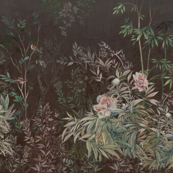 Superior Wall&Decò Princess In Black wallpaper with layered botanical scenes in gray, blush pink and gold bio-vinyl with a d.TW finish