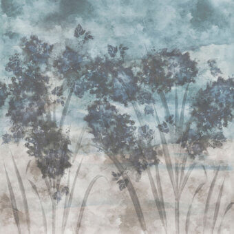 Exceptional Wall&Decò Tree Canopy wallpaper with watercolor-inspired muted blue-grey and beige tones and a crackled finish