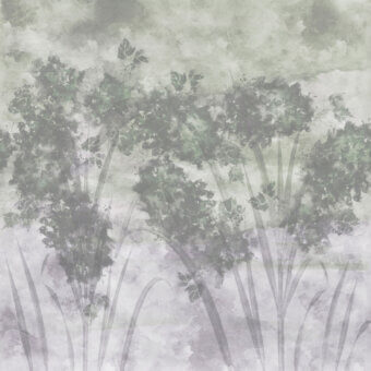 Distinguished Wall&Decò Tree Canopy wallpaper with watercolor brushstrokes and crackled texture in muted greens and grays