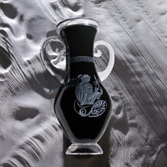 Luxury Anfitrite Amphora vase with black opaque body, clear glass rim and base, Greek key band, figure, glossy finish