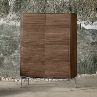 Luxury Alivar Shake Bar cupboard, tall rectangular wood, medium‑to‑dark brown grain, matte satin finish, silver‑toned handles