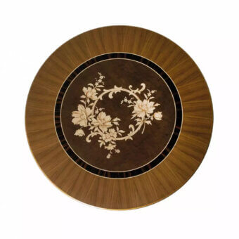 Premium Bellotti Ezio dining table with lacquered walnut top framed by bronzed rim canaletto walnut base cream floral marquetry in concentric brown rings