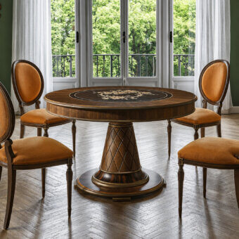 Luxury Bellotti Ezio 1373 dining table with round walnut top lacquered brushed mandarin accents and gold‑toned metal banding