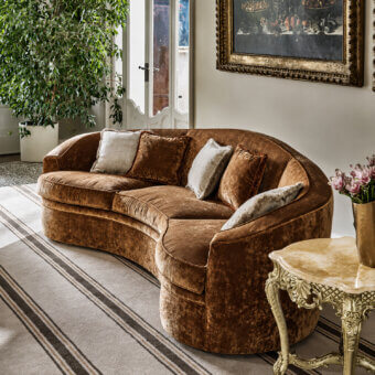 Refined Bellotti Ezio 4010 sectional in copper-brown velvet-like textile with light-grey cushions and curved silhouette