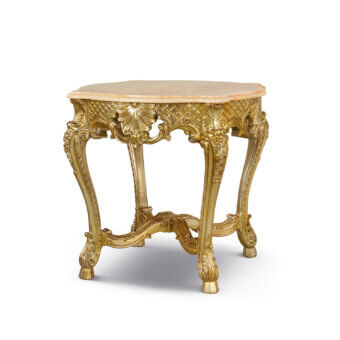 Luxury Bellotti Ezio’s 4014 side table with honey onyx marble surface, gilt silhouette, and leaf‑carved metalwork