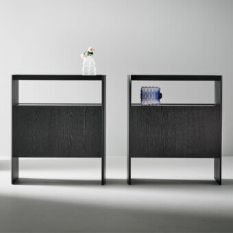 Sophisticated Bonaldo Alicanto cupboard black wood matte finish open upper compartment closed lower seamless doors floor‑extending side panels