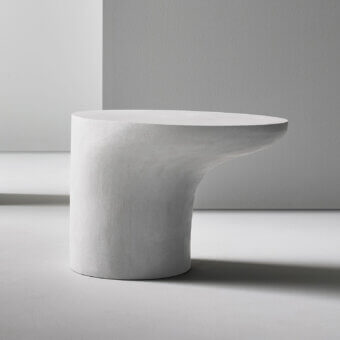Luxury Bonaldo Sloan coffee table with mineral-white matte finish and polyurethane construction, rounded base and overhanging oval top