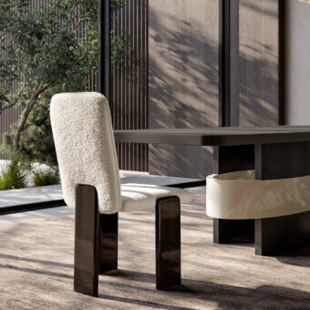 Prestige Costantini Pietro Academy armchair upholstered in off‑white bouclé with glossy dark beechwood base