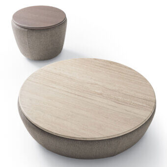 Luxury Ditre Italia Deck coffee table with smooth matte marble‑like top veined in light beige on textured taupe‑grey upholstered base