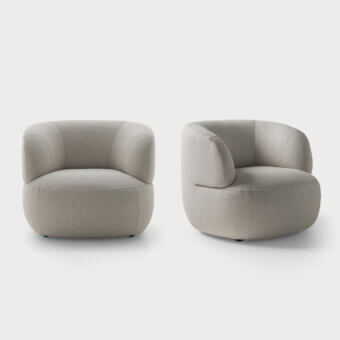 Luxury lounge chair upholstered in vertical grain textile, light grey‑off‑white matte finish, wooden fir frame