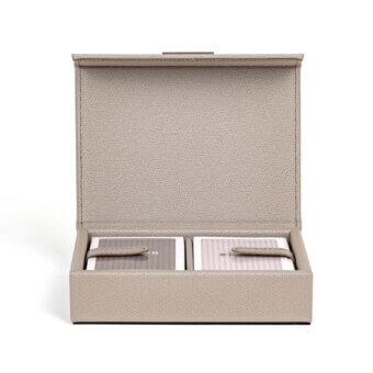 Premium Pinetti Playing Cards Holder with walnut chassis, light taupe leather, matte finish, recessed, grey and off‑white decks