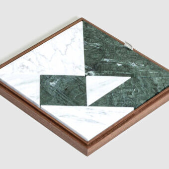 Premium Pinetti Tangram Box with Canaletto walnut wood frame and matte finish Carrara Calacatta & Green Guatemala puzzles