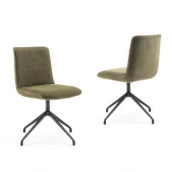 Elegant Riva 1920’s Soft Chair seat with matte olive-green upholstered shell and sleek black metal base