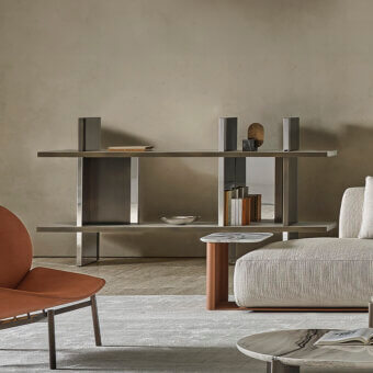 Luxury Rugiano Asia Low Bookcase with metallic grey frame and two open satin shelves on vertical supports