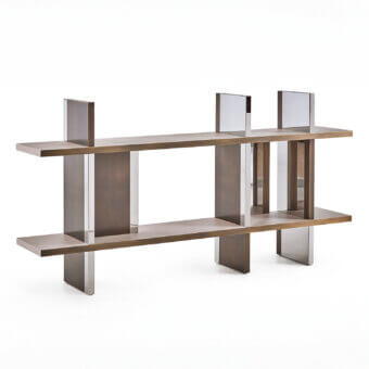 Luxury Rugiano Asia Low Bookcase with intersecting planes, polished bronze‑brown surfaces and mirrored silver panels