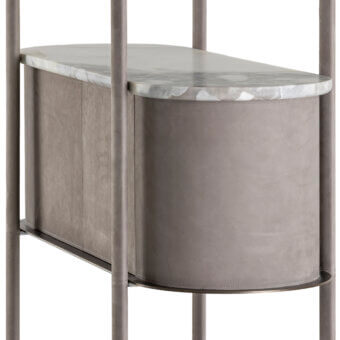 Luxury Rugiano Coquette bookcase with slender matte metal uprights, marble shelves veined light‑grey on white, taupe‑grey textile finish
