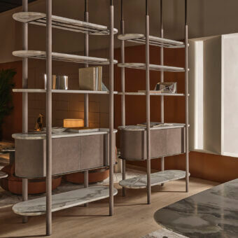 Fine Rugiano Coquette bookcase with slender matte metal frame and veined marble shelves, floating suspended storage