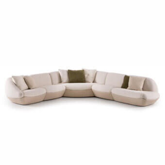 Elite Rugiano Iside sectional with light cream upper, beige base, olive‑green cushions and bronzed brass accents