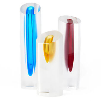 Luxury Skyline Murano Vase set by Wave Murano Glass with matte satin-shell plus glossy blue yellow red cores diagonal cut