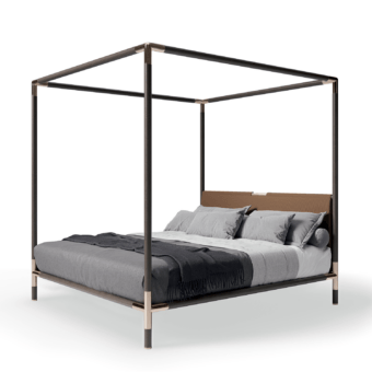 Elegant Alivar Arboré bed with canopy, solid ash wood frame and matte dark chrome joints, warm brown upholstered headboard