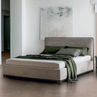 Elite Alivar Bali Bed, upholstered headboard, diamond‑quilted textile, matte‑finished wood border, taupe‑gray frame, charcoal