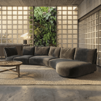 Luxury Alivar Durante Modular Sofa with deep charcoal matte velvet finish and real-down-filled cushions, integrated swivel end