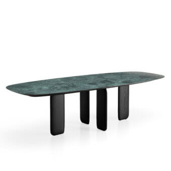 Luxury Kristalia Pala Oval Table with deep green marble top veined in lighter green and grey, set on matte dark wood base