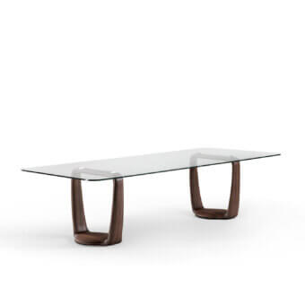 Elegant Porada Saddle rectangular glass table walnut supports rising curves satin finished wood bases