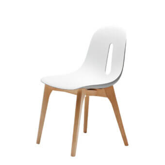Sophisticated Chairs & More Gotham W piece with teardrop cutout, white rigid Tech polyurethane shell and natural beech wood base