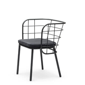 Architectural Chairs & More Jujube armchair with matte black tubular metal frame and dark grey nautical rope weaving