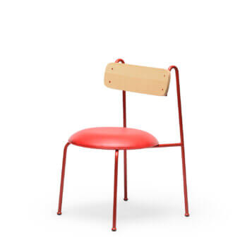 Sleek Chairs & More Lena seat with vibrant red steel frame, faux leather and curved light natural ash plywood backrest