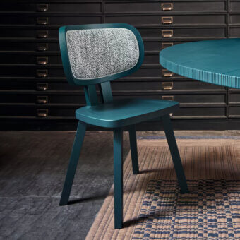 Exquisite Gervasoni Gray 22 chair in deep teal satin ash wood with rounded backrest and speckled textile insert