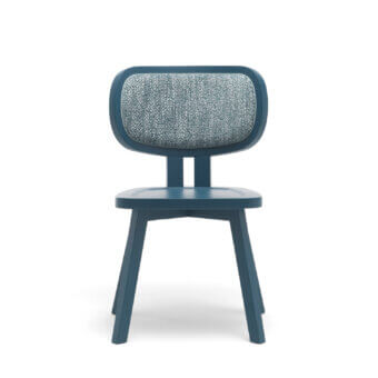 Graceful Gervasoni Gray 22 chair with capsule shaped backrest in heathered textured textile and blue finished ash wood frame