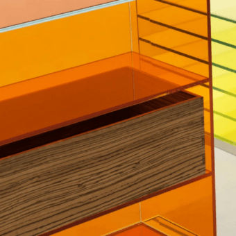 Architectural Glas Italia BoxInBox bookcase in translucent orange glass and textured wood with minimalist geometric form