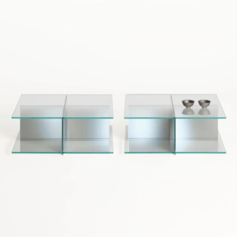 Exquisite Glas Italia Cartesio coffee table in tempered extralight glass with intersecting planes and polished edges